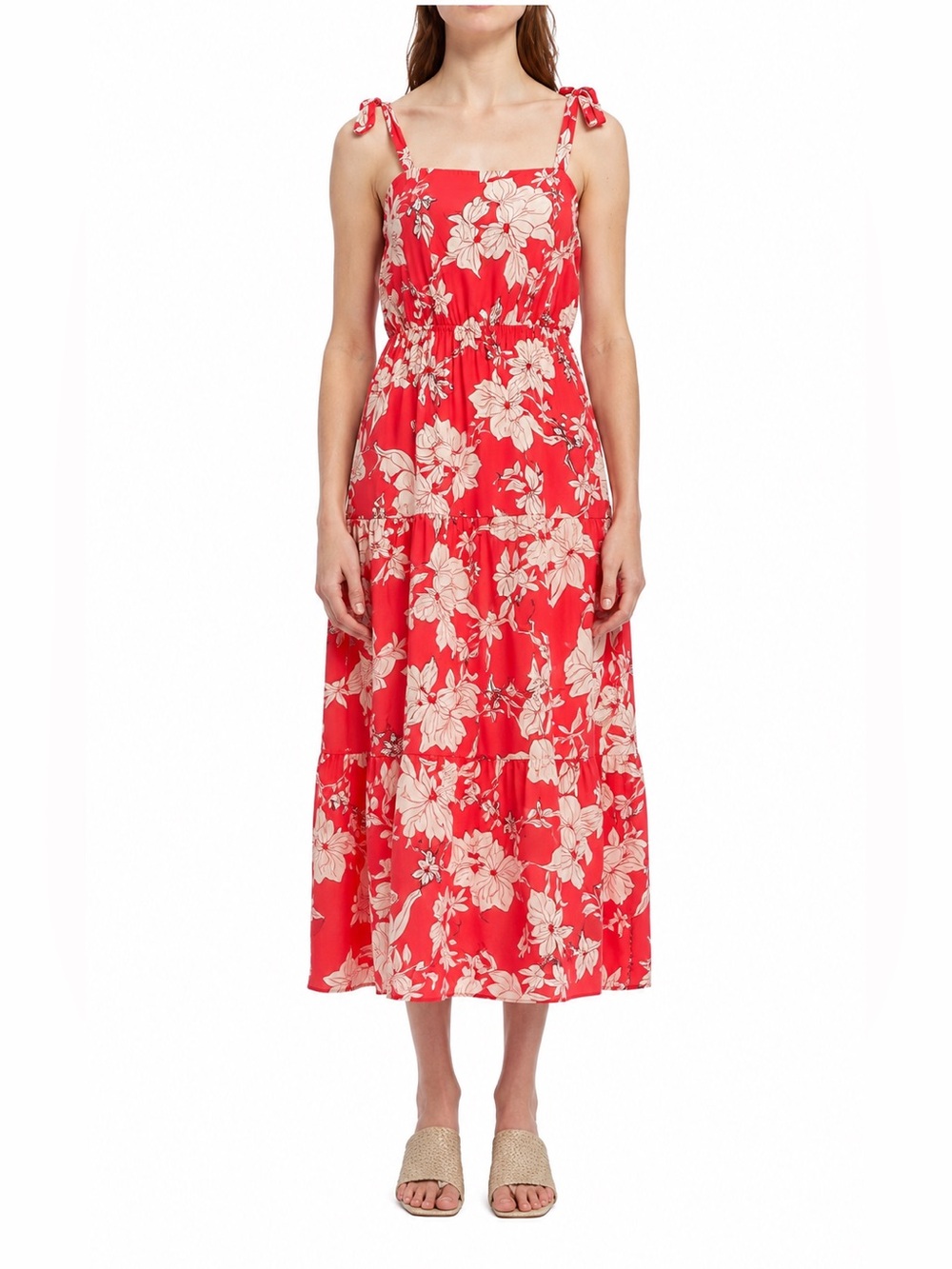 SANCTUARY SOCIAL STANDARD Tropical Floral Coral Pink Sun Dress 3-Tier Smock M
